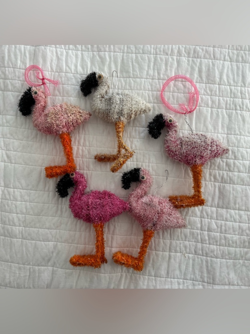 Set of 5  Plush Flamingo Tinsel Ornaments